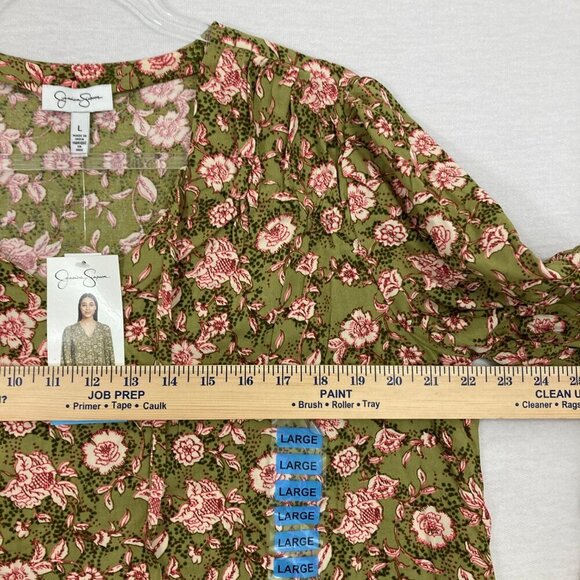 New Jessica Simpson Green Pink Floral V Neck Flare Sleeve Feminine Top Large - Picture 6 of 9